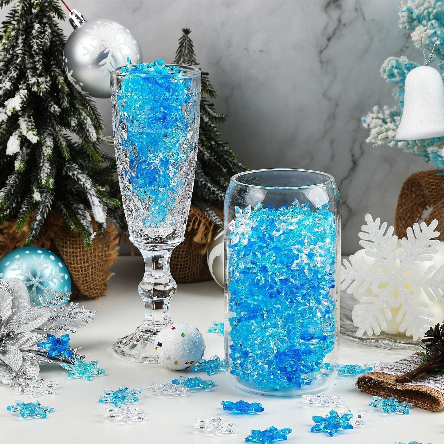 240Pcs Winter Acrylic Snowflake Ornaments 3D Blue Translucent Snowflake Crystals Gems Christmas Xmas Pendant Beads DIY Crafts for Vase Filler,Table Scatter, Party Wedding Arts Crafts Decoration