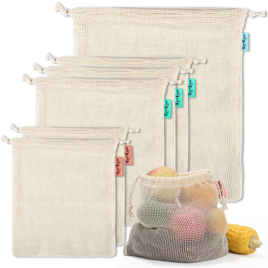 KerKoor Reusable-Cotton-Mesh-Produce-shopping-Bags-Washable Eco Friendly Premium See Through Lightweight Net zero Bulk Bags for Veggie Fruit Vegetable Grocery Storage (9 Packs)