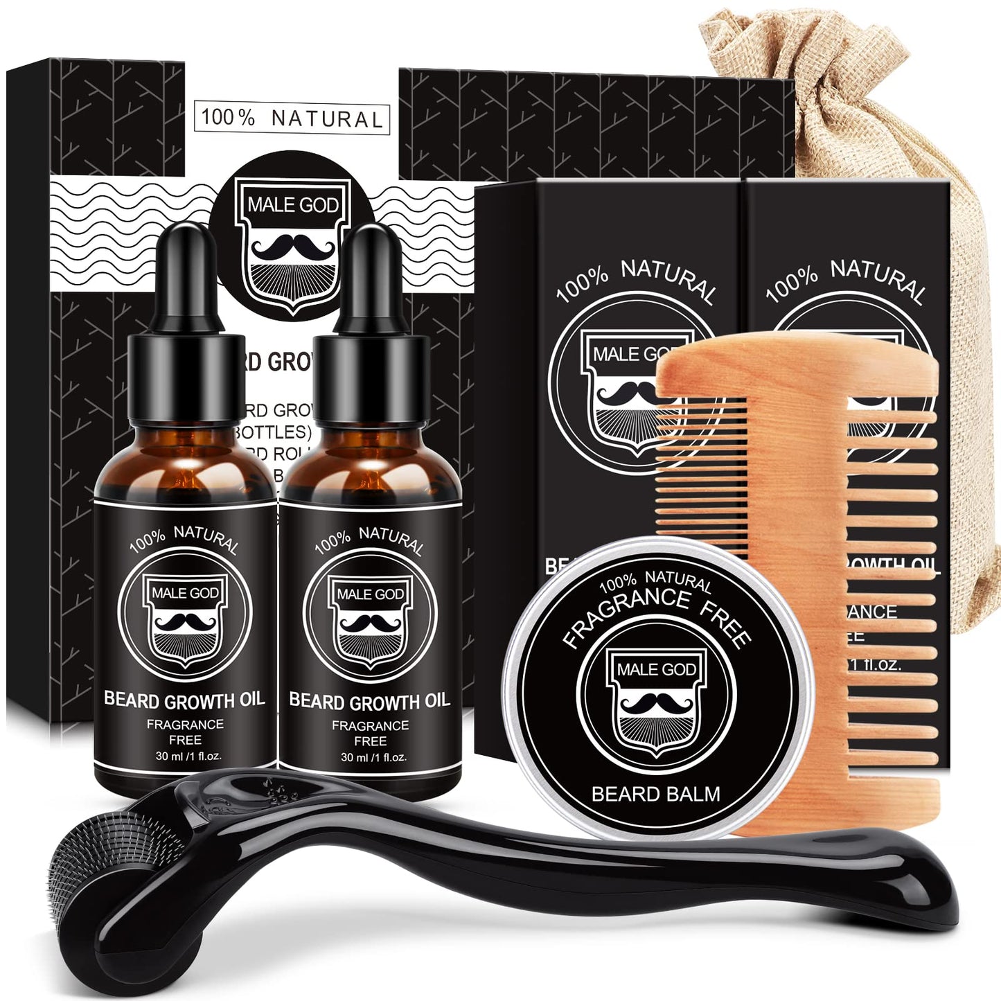 MALE GOD Beard Kit w/Beard Oil, Balm, Brush, Comb - Nourish & Soften Beard, Natural Shea Butter, Suitable for All Skin, Anniversary & Birthday Gifts for Men Him Husband Boyfriend Dad Friends