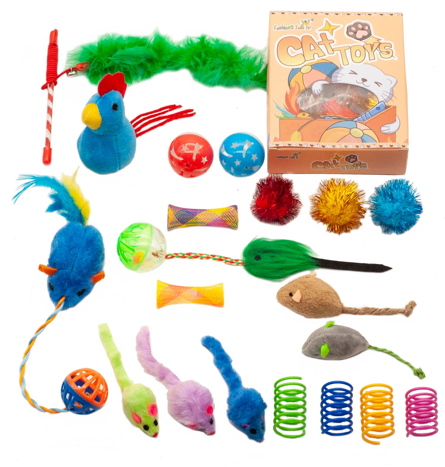 Fashion's Talk Cat Toys, Kitty Variety Pack for Kitten Cats, 20 Count Plush, Teaser & Ball Catnip Mice Cat Spring