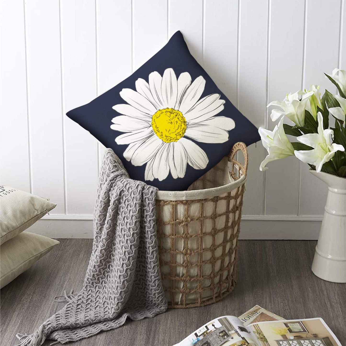 Hexagram Outdoor Pillow Covers 18x18, Blue Daisy Sunflower Throw Pillow Cover Set of 4 for Couch Living Room Sofa You are My Sunshine Dark Blue Home Decor