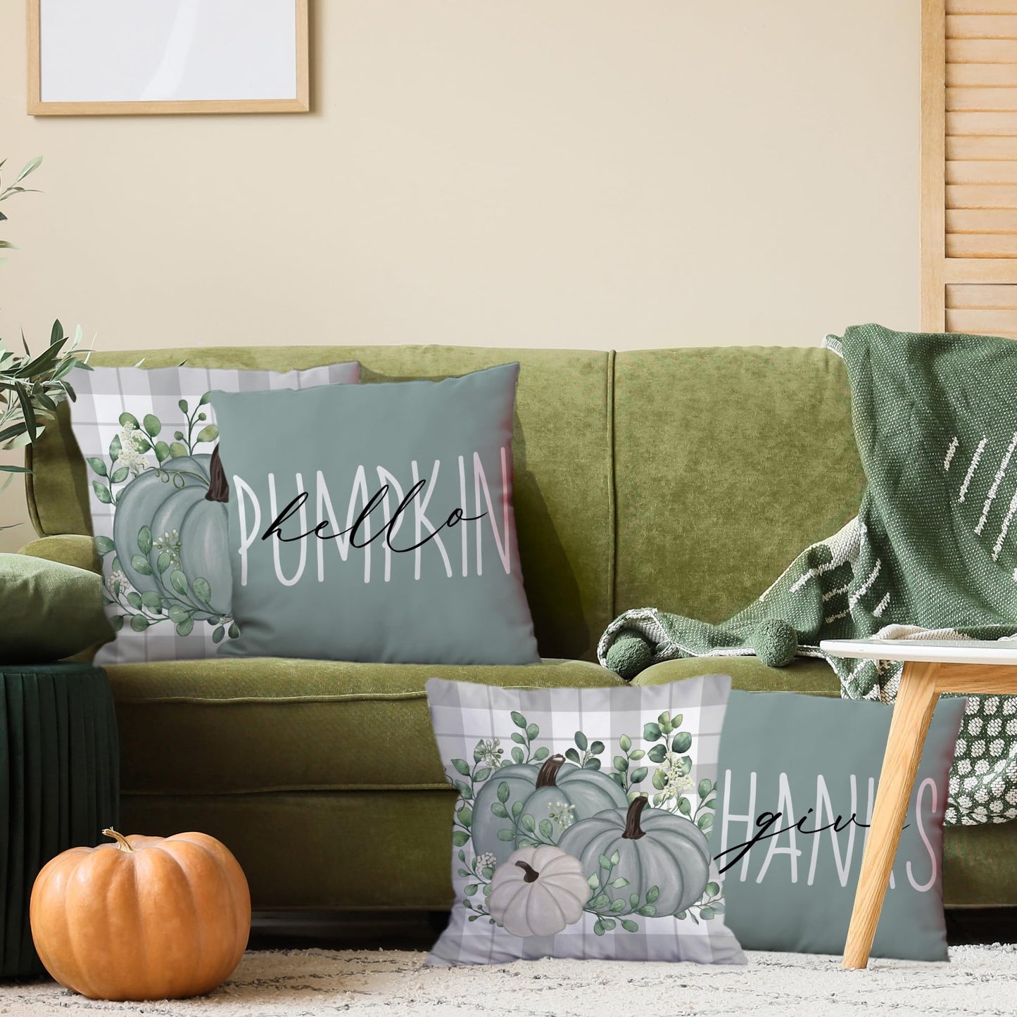 FUTBU Fall Pillow Covers 18x18, Fall Decorations Indoor Pillow Covers Set of 4 Blue, Autumn Decor Pumpkin Eucalyptus Leaves Throw Pillow Covers Harvest for Couch Sofa Living Room Outdoor Thanksgiving