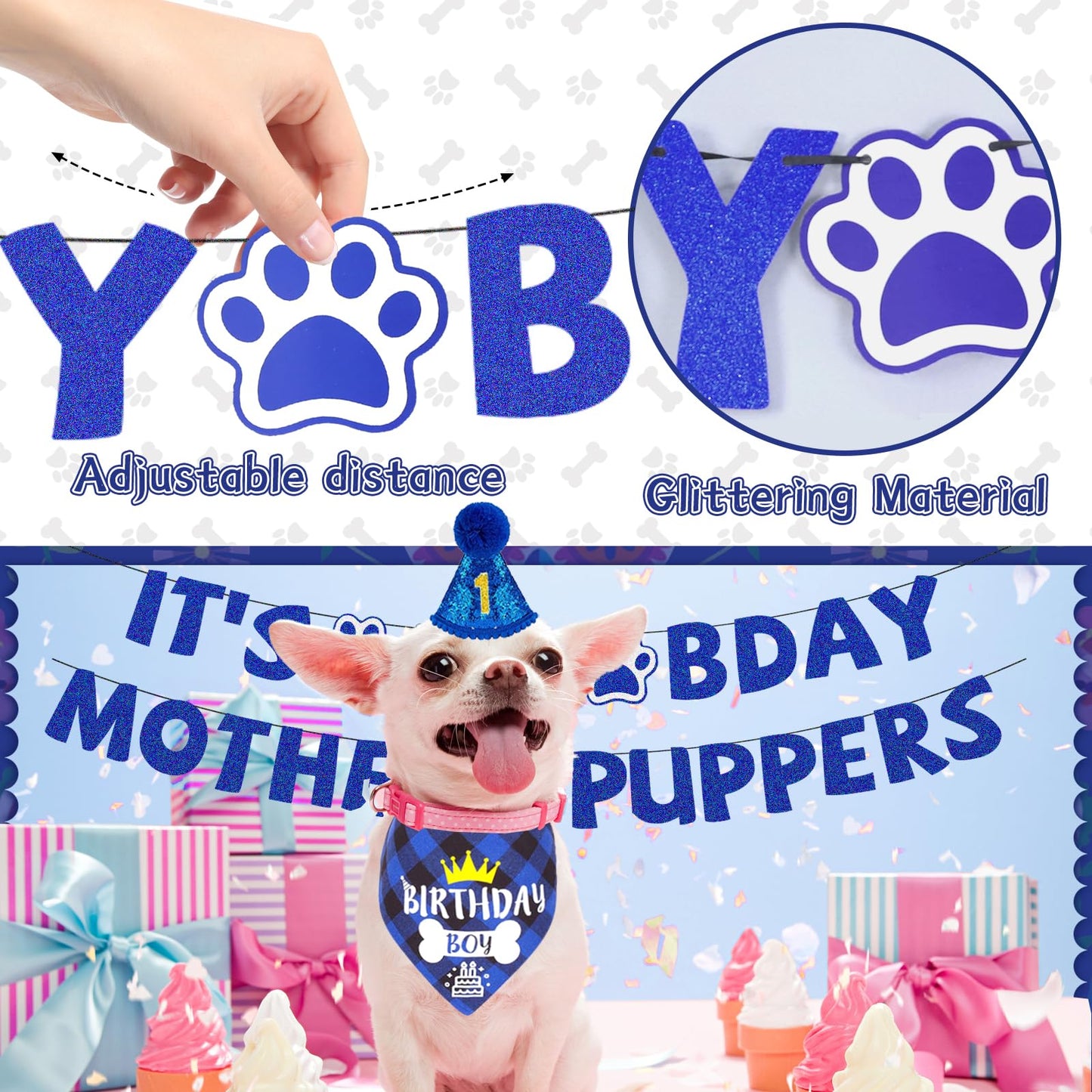 Blue Dog Birthday Party Supplies Pet Birthday Bandanas Boy Doggy Birthdays Hat Bow Tie Greeting Card Numbers It’s My Bday Mother Puppers Sign Banner for Medium Large Pets