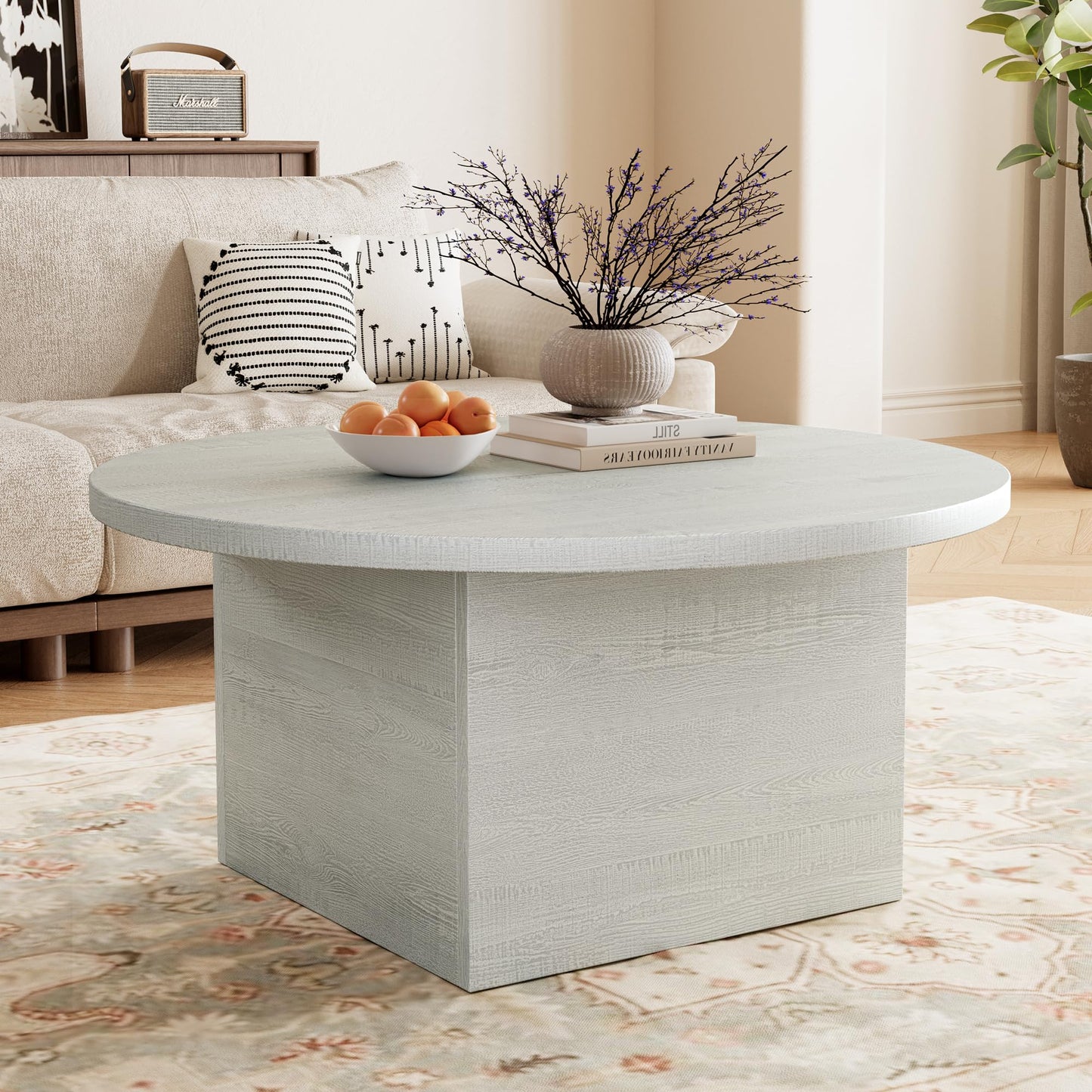 AMICLIBER Round Coffee Table, 35.5-Inch Modern Engineered Wood Center Coffee Tables for Living Room, Home Office Wooden Farmhouse Rustic Cocktail Tea Accent Table,White