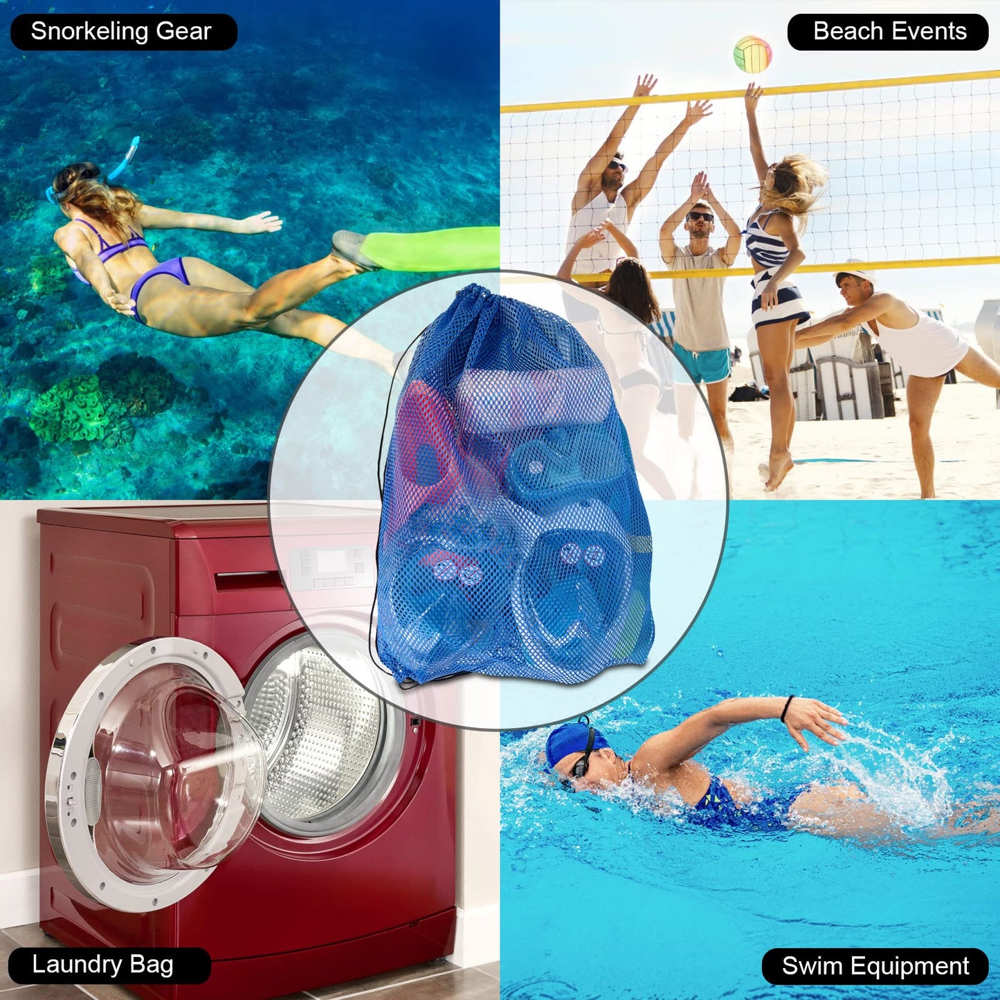 3 Pack Mesh Gear Bag Oversized 19" x 27" For Snorkel Scuba Swim Dive Gear Oversized Drawstring Net Bag for Sports Equipment, Gym, Beach, Pools Toys, Balls, Laundry, Scalloping Collect, Black & Blue