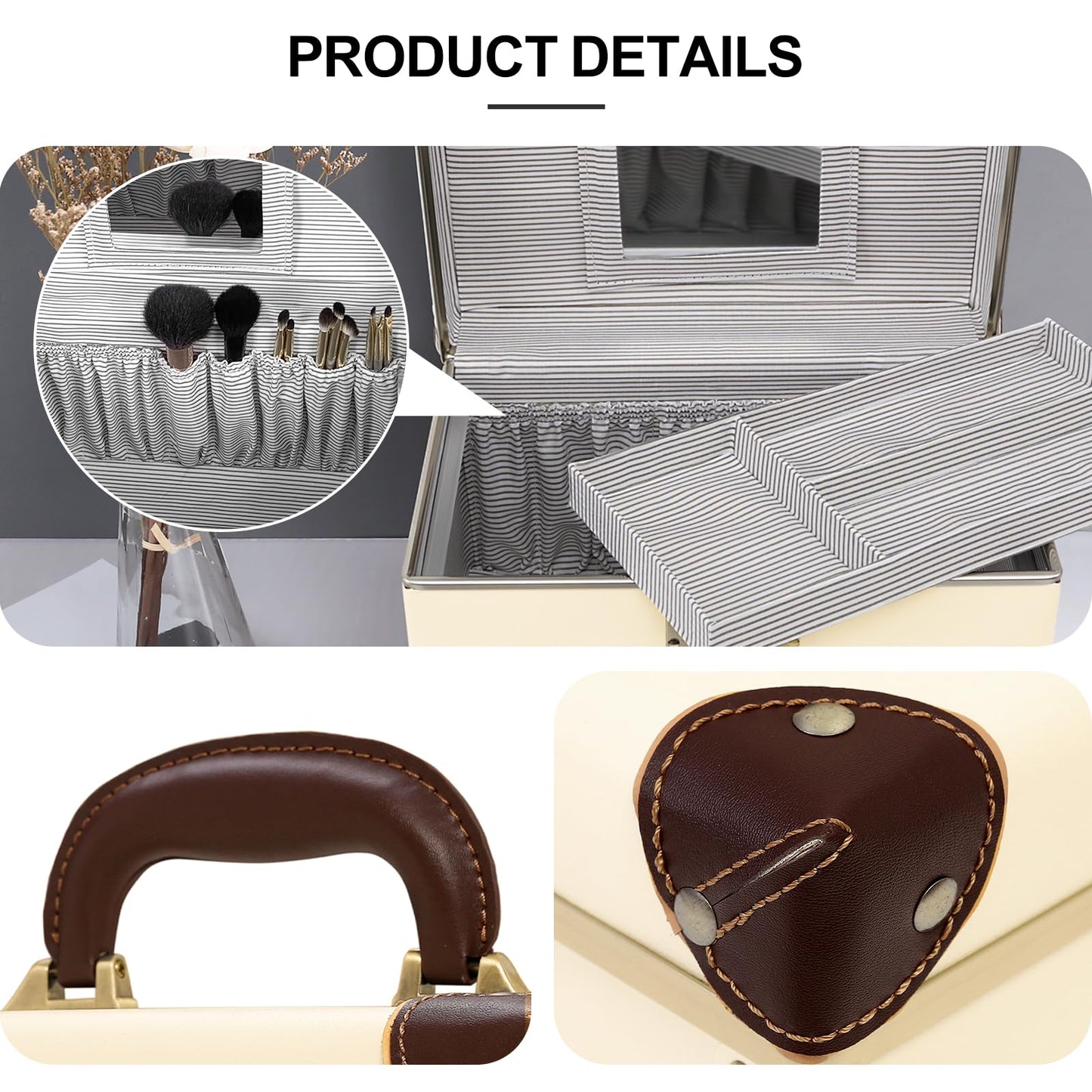 urecity Portable Retro Leather Makeup Train Case Cosmetic Organizer Case Leather Storage Box with Combination Lock (12.5", Ivory White)