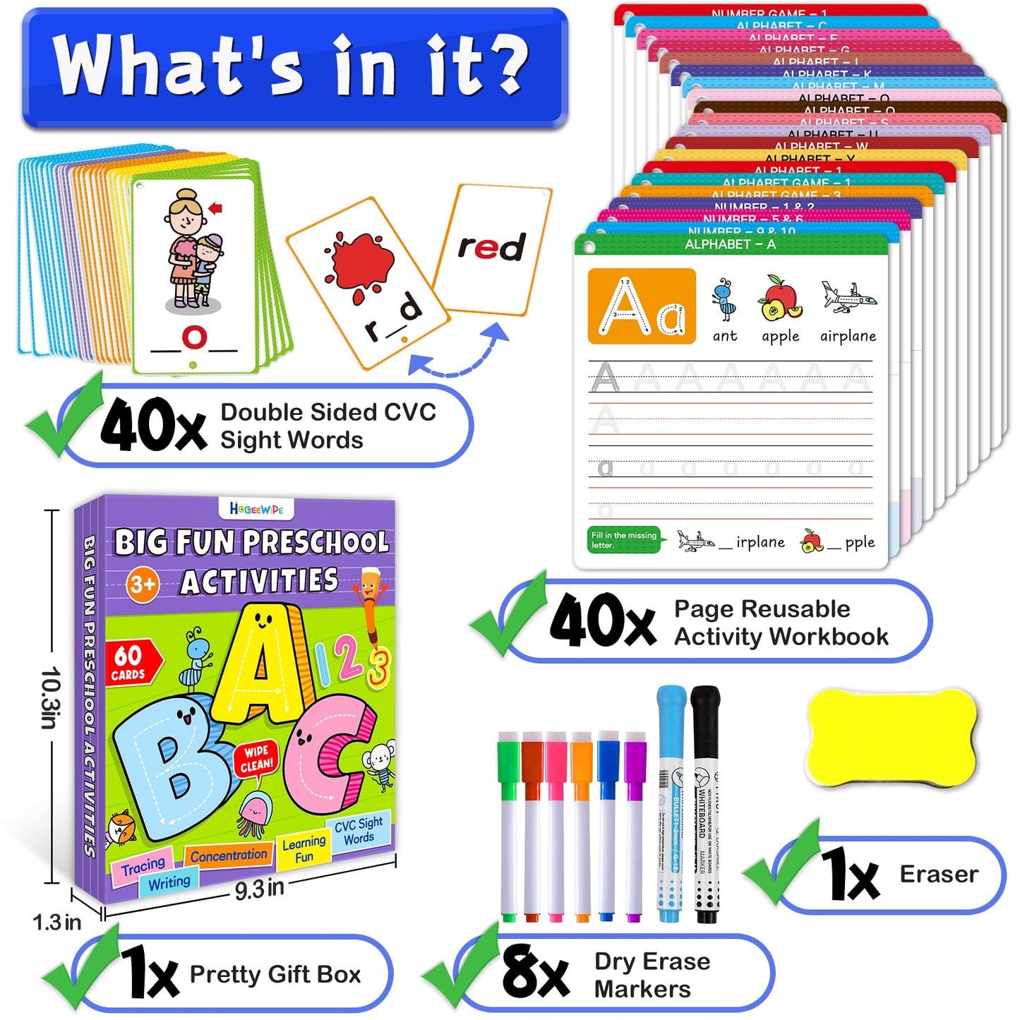 HOQEEWIPE Preschool Learning Activities - Reusable Handwriting Tracing Books for Kids, PreK Kindergarten Workbooks, CVC Word Game, Numbers & Alphabet Educational Learning Toys for 3, 4, 5, 6 Year Old