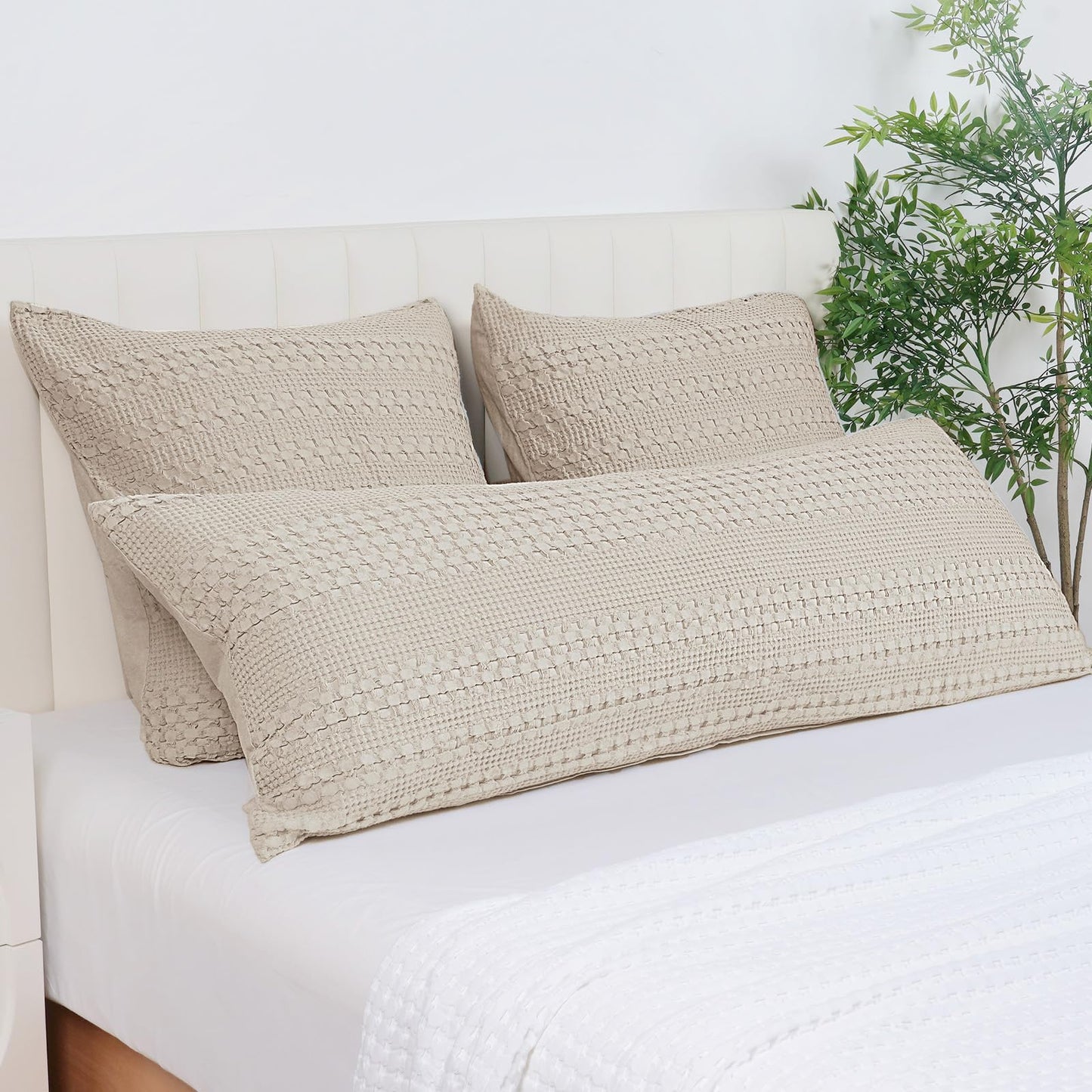 PHF 100% Cotton Waffle Body Pillowcase with Zipper, 1 Pack 20" x 54" Soft Skin-Friendly Pillow Sham, No Filling, Aesthetic Woven and Breathable Waffle Weave Body Pillow Cover for Bed, Oatmeal