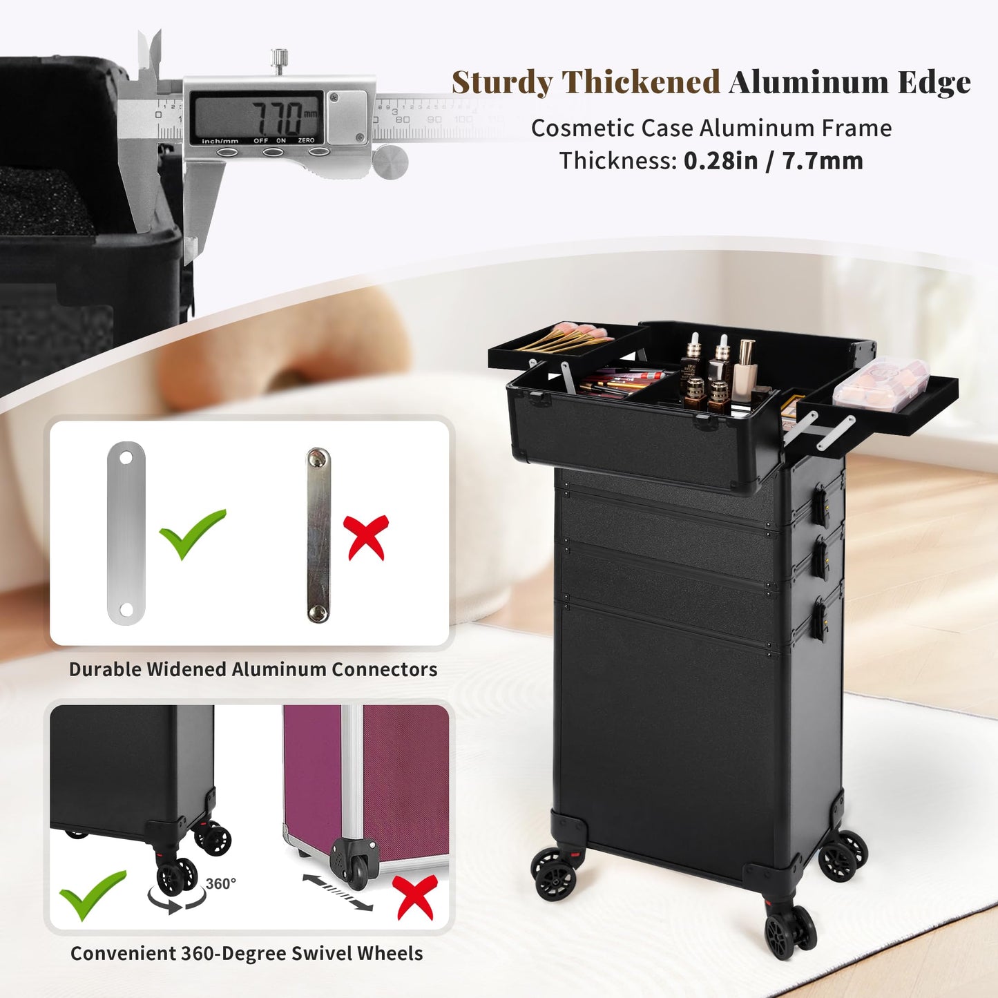 JINGUAN Rolling Makeup Train Case Large Storage Cosmetic Trolley 5 in 1 Large Capacity Trolley Makeup Travel Case with Key Swivel Wheels Salon Barber Case Traveling Cart Trunk, Black