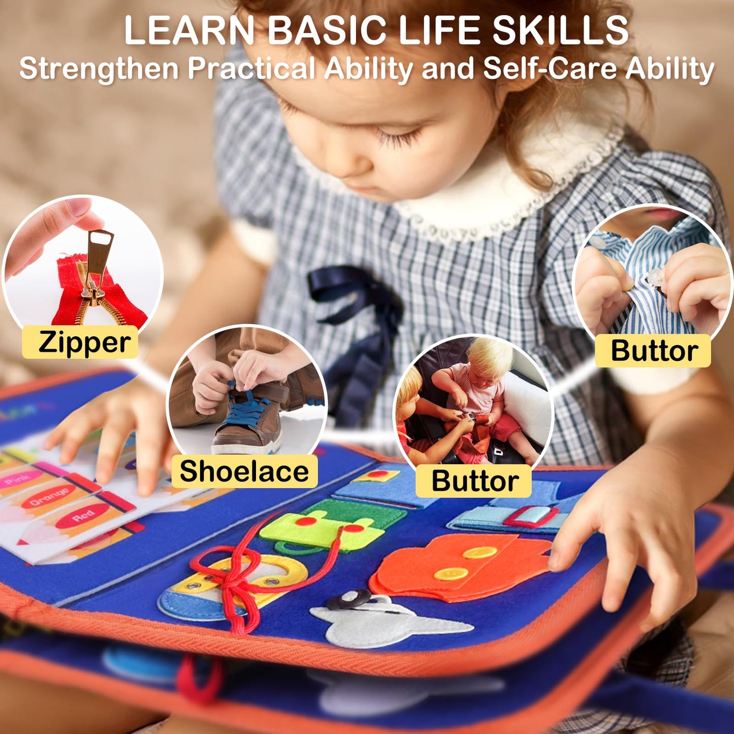 BESNEL Busy Board for Toddlers 2-4, Busy Book for Preschoolers, Educational Activity Sensory Board for Learning Fine Motor Skills, Zipper Board, Gifts for Boys & Girls