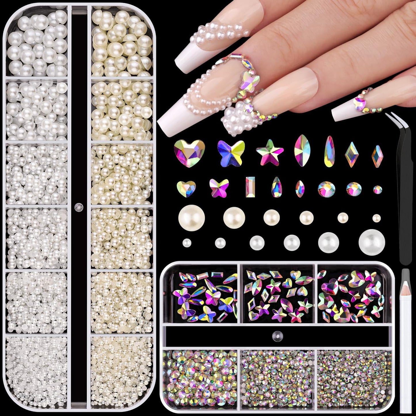 Silver and Gold Nail Charms and Gems, 1.5-5mm Half Round Flatback Nail Pearls Ball Beads for Nails with Pickup Pencil and Tweezers, Pearl Nail Charm Rhinestones for Crafting Face Hair Manicure DIY