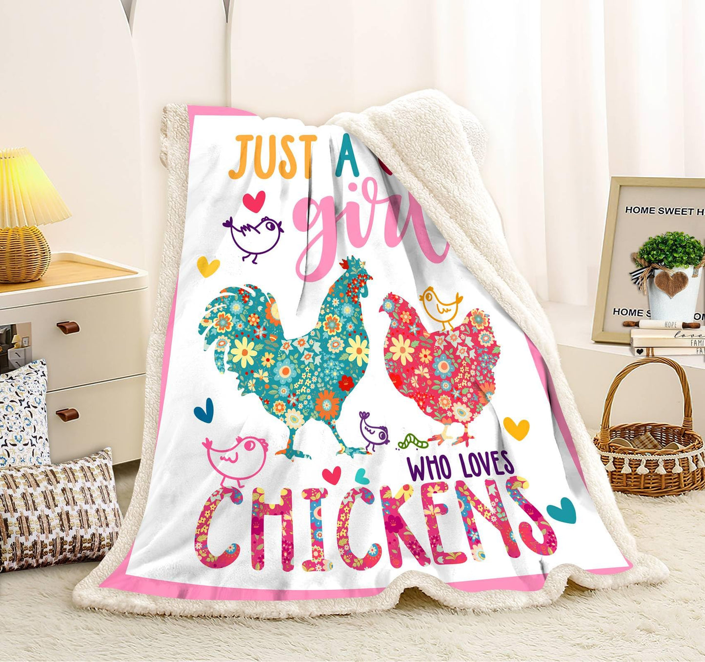 Chicken Blanket,Chicken Decor Gift Blanket,Just A Girl Who Loves Chickens Soft Rooster Throw Bedding Gifts for Kids Boys Girls Adults 60"x50"
