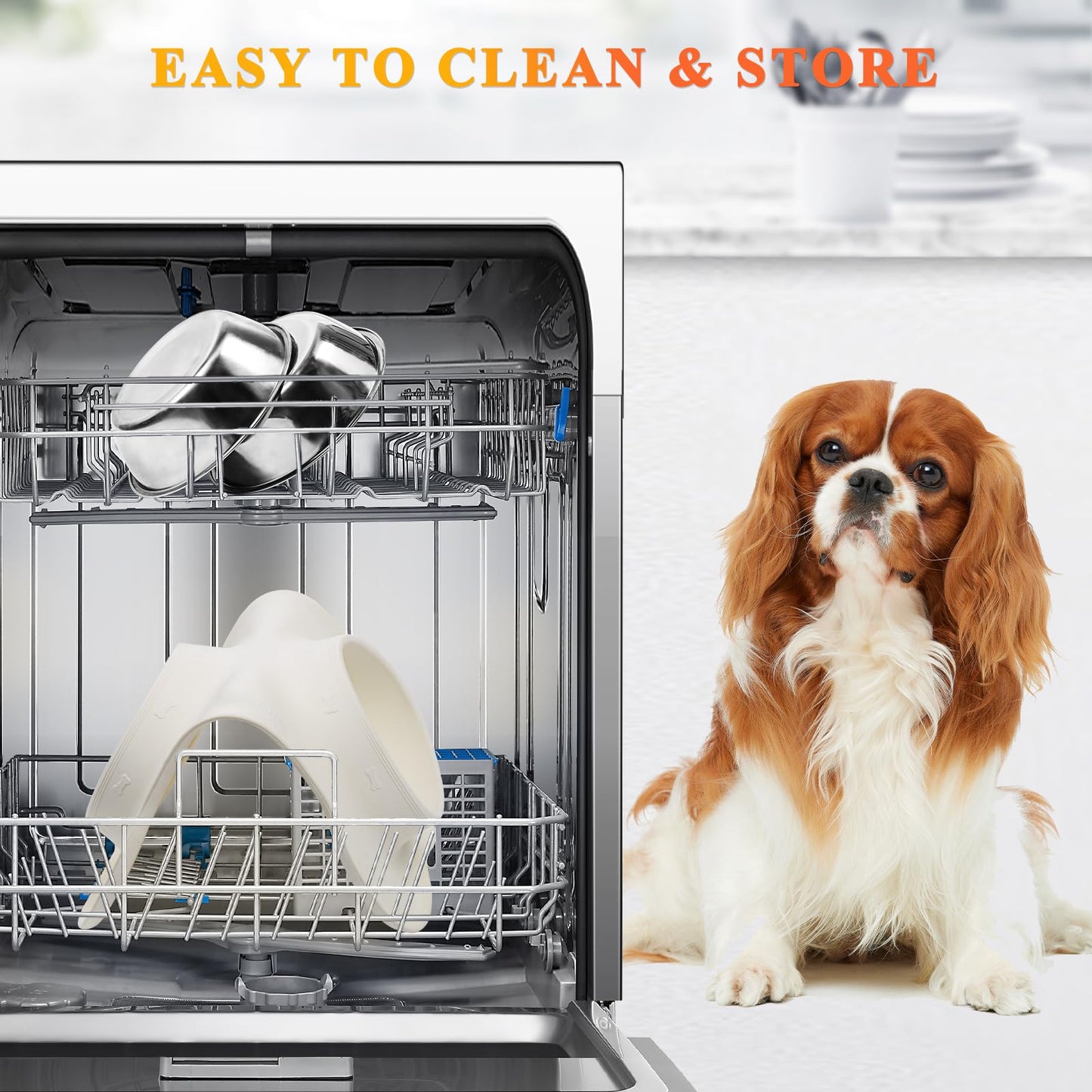 VIVAGLORY Dog Bowls, Dog Food Bowls, Stainless Steel Cat Puppy Water Bowls with Non Spill Skid Resistant Silicone Mat, Small, Ivory