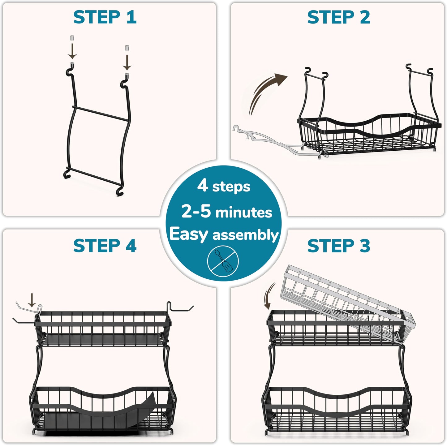 Zurklulu 2-Tier Fruit Basket for Kitchen Counter with 2 Banana Hangers – Metal Fruit Bowl for Onion, Vegetable, Snacks, Breads Storage – Countertop Organizer – Black, Large