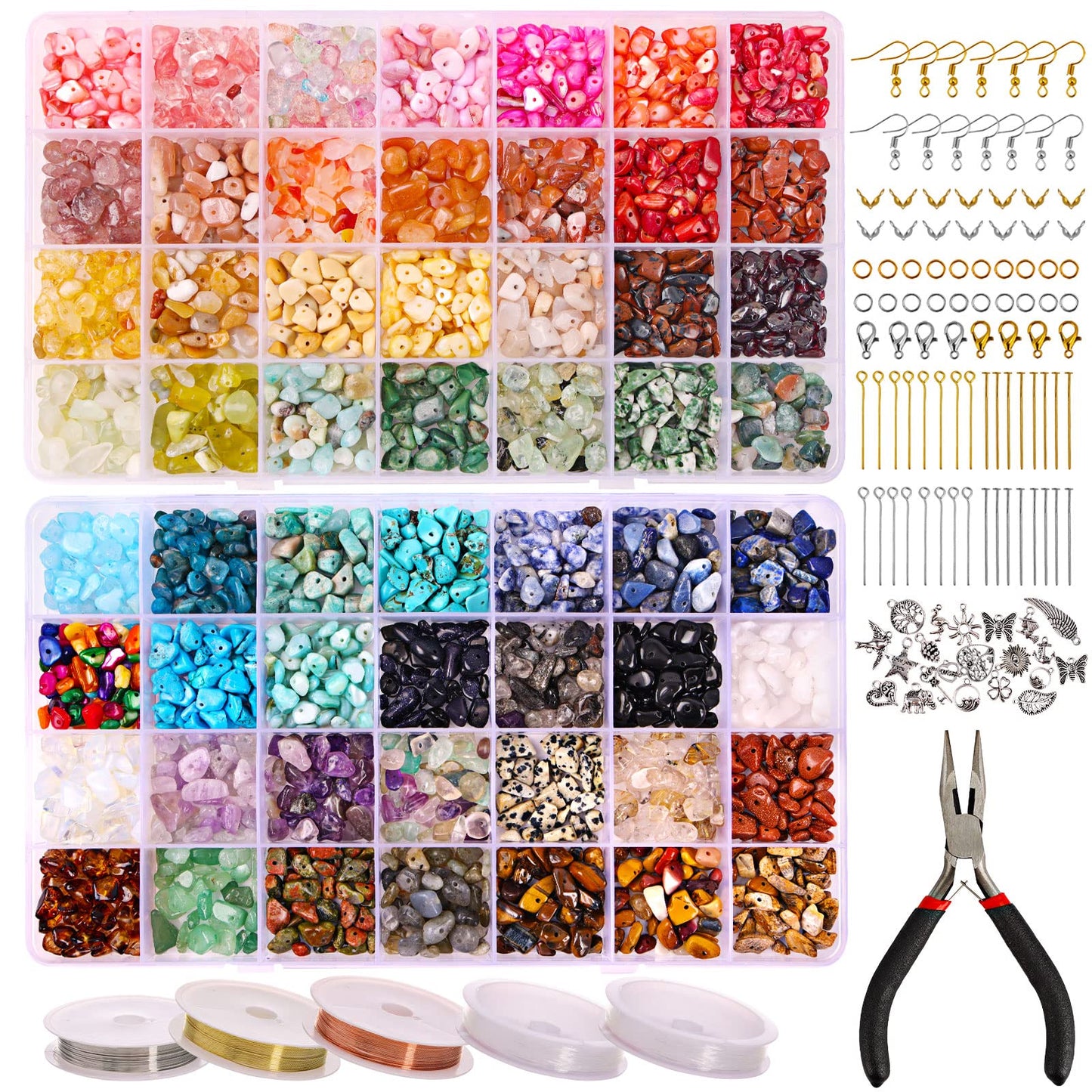 QUEFE 1800pcs 56 Colors Crystal Beads, Ring Making Kit, Gemstone Chip Beads Irregular Natural Stone with Jewelry Making Supplies for DIY Craft Bracelet Necklace Earrings, Craft Gifts