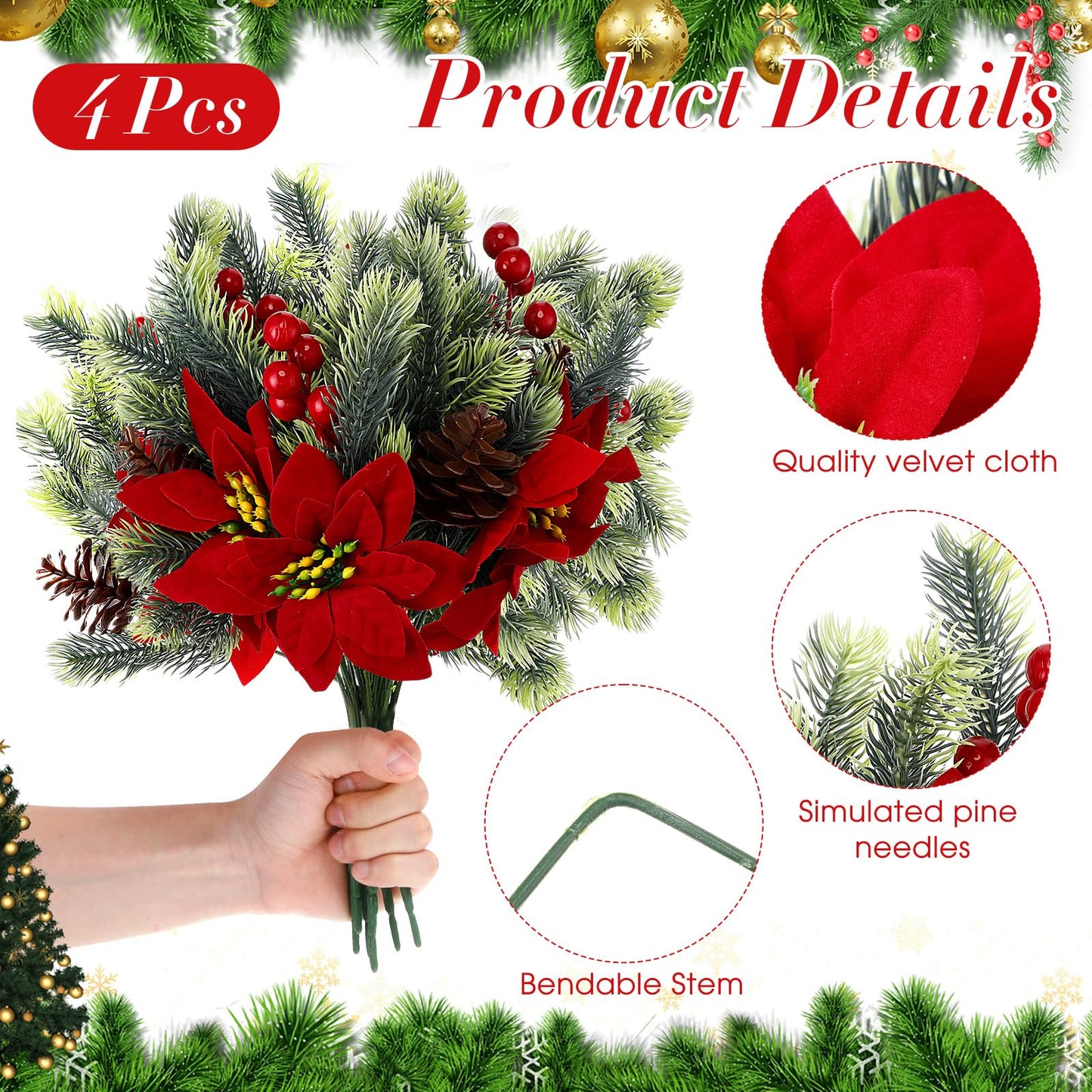 Yuxung 4 Pcs 13.4 Inch Red Poinsettia Artificial Christmas Flowers Bouquet with Pine Cone Red Berry Pine Needle Artificial Plants Christmas Decor for Craft Xmas Tree Garland Home Indoor Outdoor
