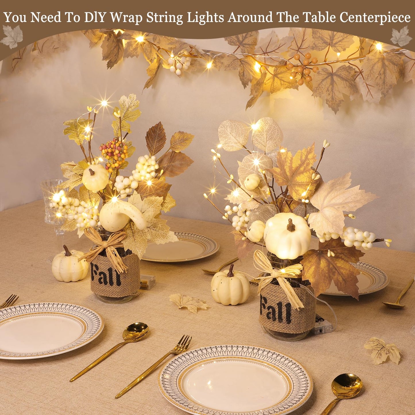 2 Pack 13.5 Inch Fall Decorations for Home Fall Table Centerpieces with 20 LED Lights Timer, Mason Jar with Maple Leafed Pumpkins Berried for Fall Thanksgiving Dining Table Decor Coffee Table Bathroom