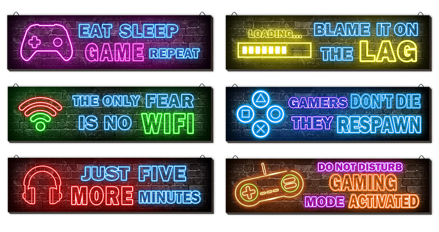 4 Pcs Printed Neon Gaming Posters, Teen Boys Room Decorations, gamer wall art Decor for bedroom Wooden