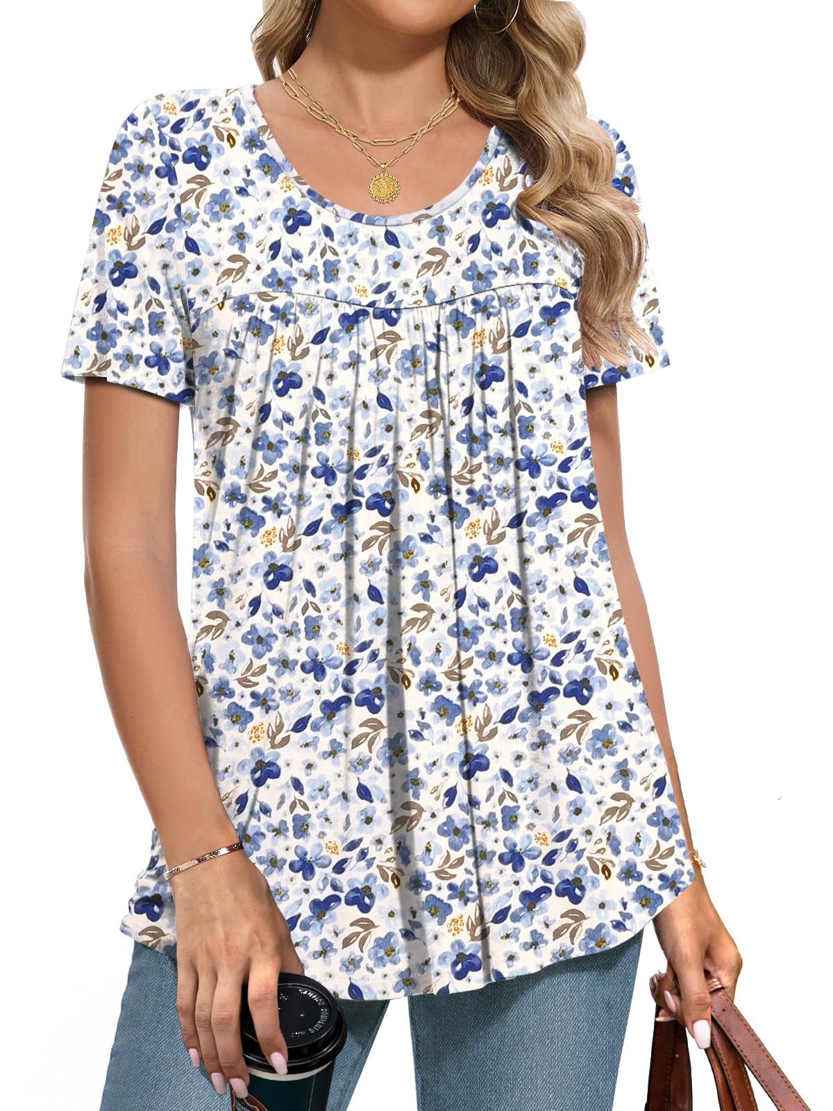 MUSE SHOW Women's 2025 Summer Tops Short Sleeve Tunic Shirts Casual Comfy Blouse White and Blue Flowers L