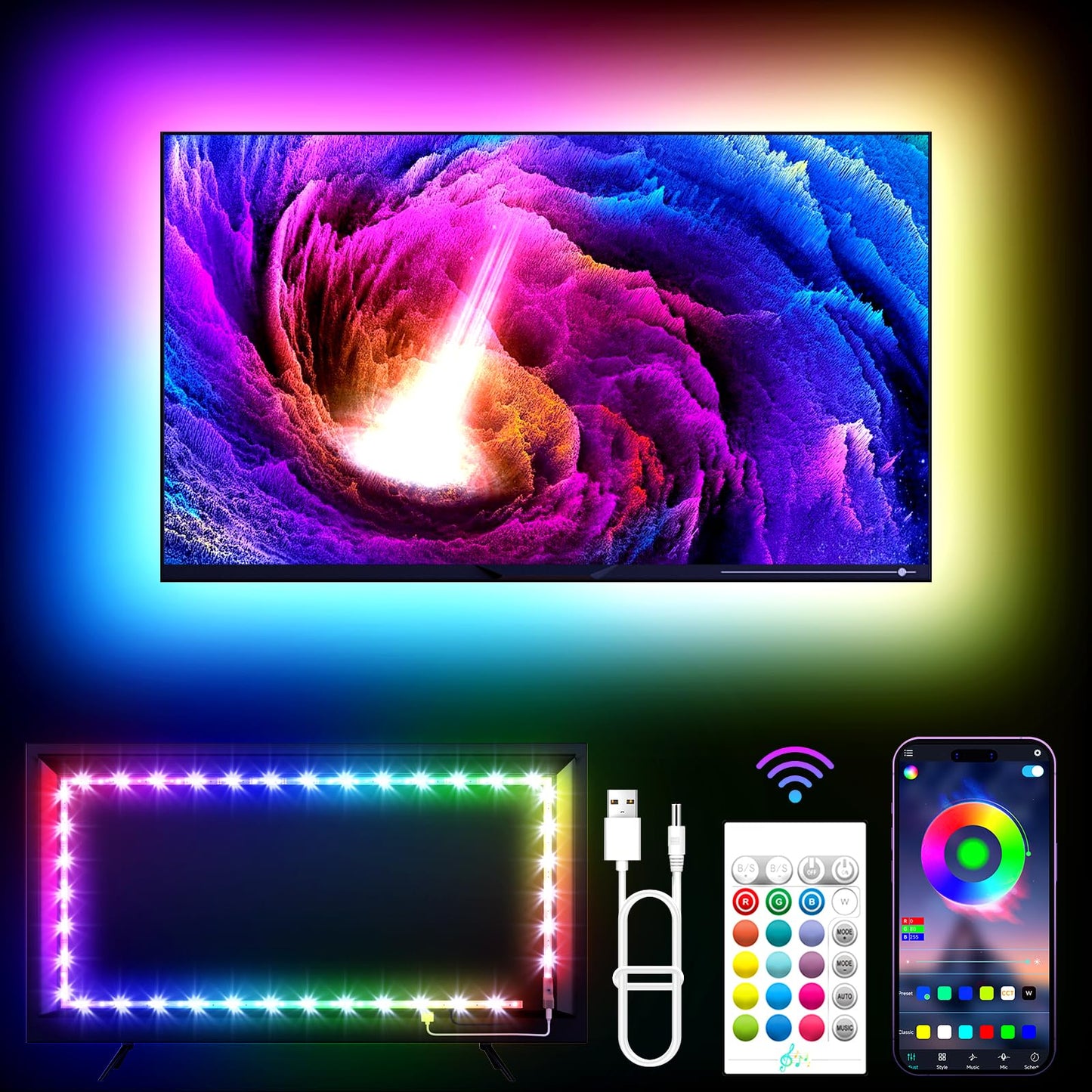 LED Lights for TV, 16.4ft LED Lights for 45-75 Inch TVs, RGB TV Backlight Behind, Music Sync Bluetooth APP & Remote Control Strip Lights USB Powered for Bedroom/Gaming