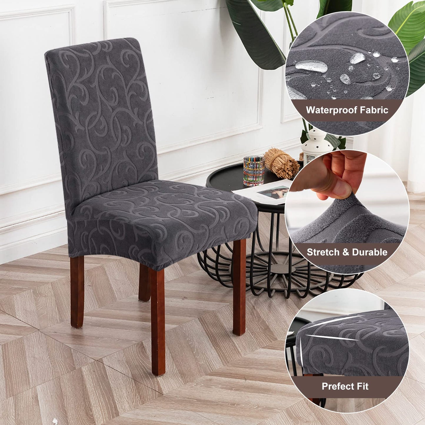 Genina Waterproof Dining Room Chair Covers Stretch Parsons Chair Slipcovers for Dining Room Kitchen Chair Protector Cover, Removable, Washable (4, Flower Pattern-Dark Gray)