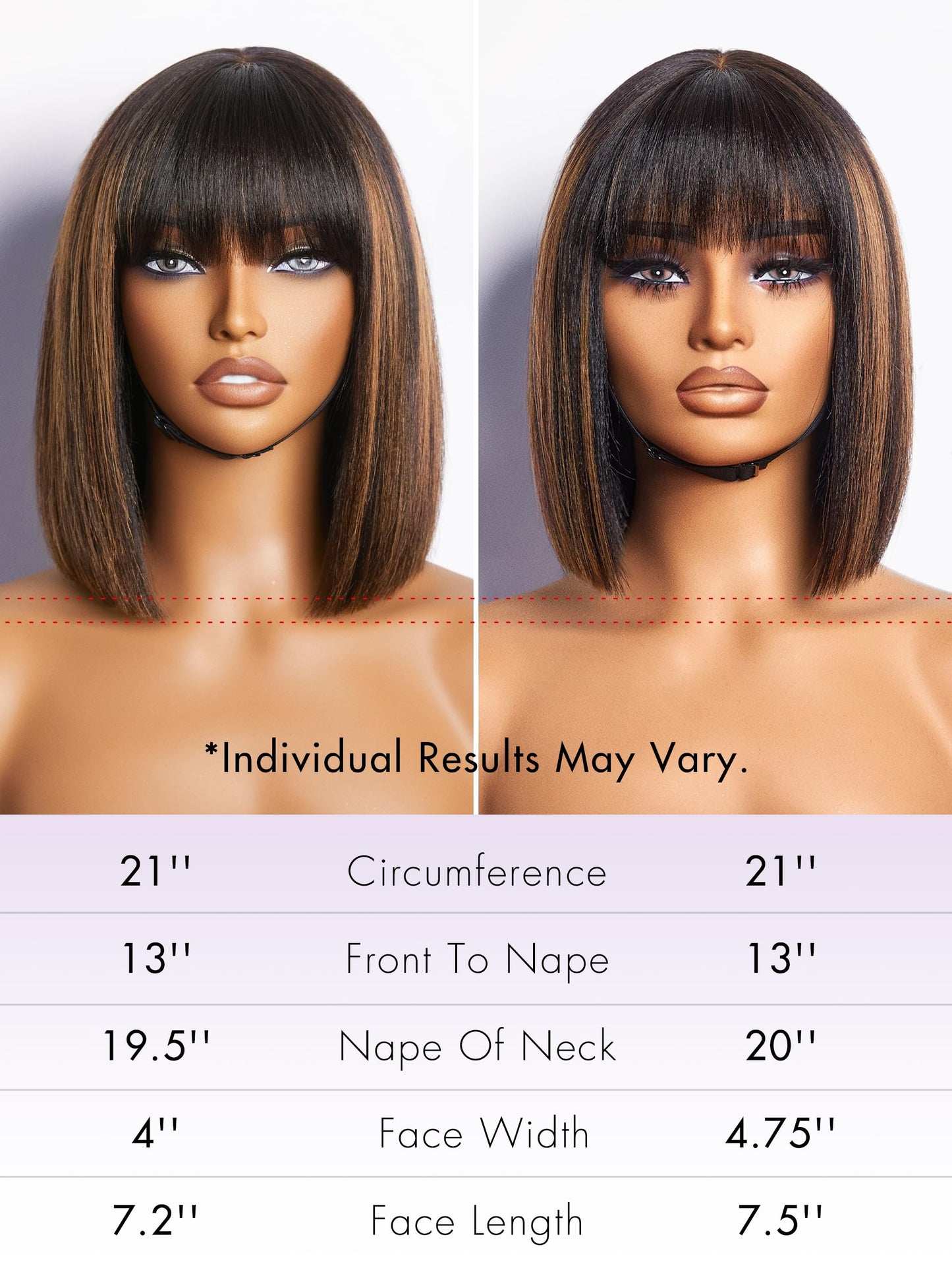 LUVME HAIR 10 Inch Yaki Straight Bob Wig with Bangs Human Hair Glueless HD Lace Bob Wig with Brown Highlights, Ready to Go Short Wigs For Women 180 Density (Breathable Cap)