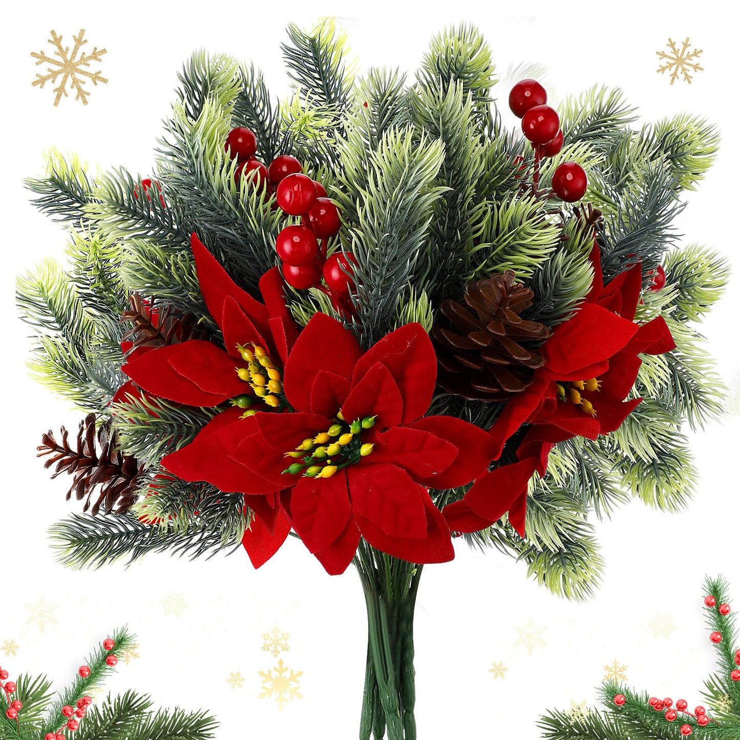 Yuxung 4 Pcs 13.4 Inch Red Poinsettia Artificial Christmas Flowers Bouquet with Pine Cone Red Berry Pine Needle Artificial Plants Christmas Decor for Craft Xmas Tree Garland Home Indoor Outdoor