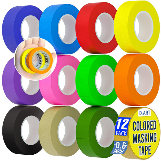 12 Pack Colored Masking Tape, 396 Ft x 0.6 inch Mini Colored Painters Tape for Arts & Crafts Labeling or Coding, Kids Art Supplies Color Tape Rolls, washi-scale Colorful Masking Tape, DIY Artist Tapes