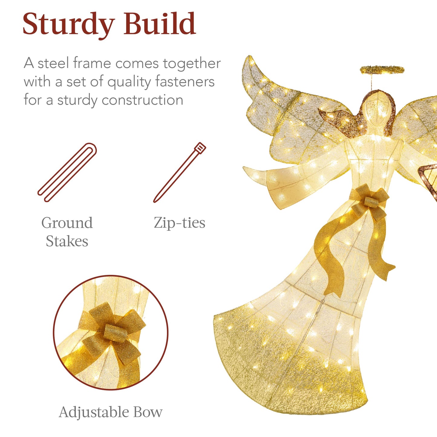 Best Choice Products 5ft Lighted Outdoor Angel Christmas Decoration, Pre-Lit Winged Holiday Figure for Lawn w/ 140 LED Lights, Harp, Bow, Halo, Zip Ties, Ground Stakes