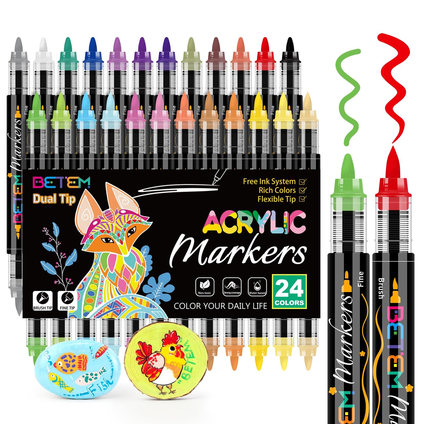 Betem Acrylic Paint Markers Paint Pens, 24 Colors Dual Tip Direct Liquid Acrylic Markers with Automatic Ink Control System, Fine & Brush Tip Art Supplies for Rocks, Wood, Stone, Fabrics, DIY Craft