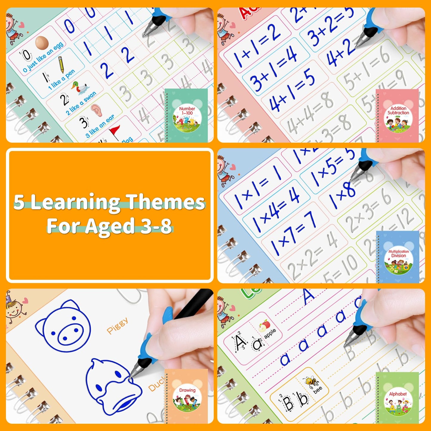 Grooved Writing Books for Kids, Magic Practice Copybook, Reusable Handwriting Practice Book Kit for Kids Age 3-8 Calligraphy, 7.8in×5.5in