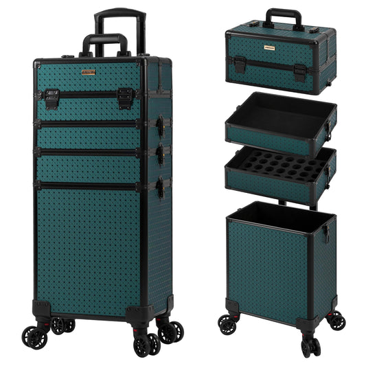 JINGUAN 4 in 1 Professional Makeup Train Case Aluminum Cosmetic Case Rolling Makeup Case Extra Large Trolley Makeup Travel Organizer, with 360° Swivel Wheels for Make Up Hairstylists Nail Tech