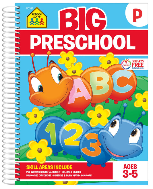 School Zone Big Preschool Workbook: 320 Spiral-Bound Pages, Pre-K, Colors, Shapes, Numbers, Early Math, Alphabet, Pre-Writing, Phonics, Following Directions, Ages 3-5