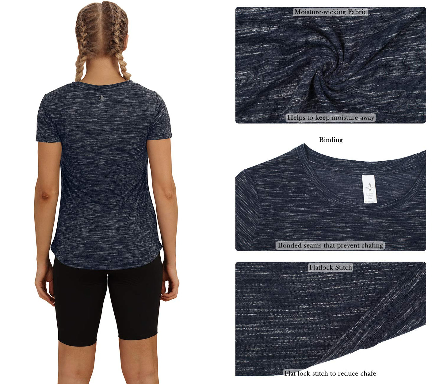 icyzone Workout Shirts for Women - Yoga Tops Gym Clothes Running Exercise Athletic T-Shirts for Women (Black/Navy, S)