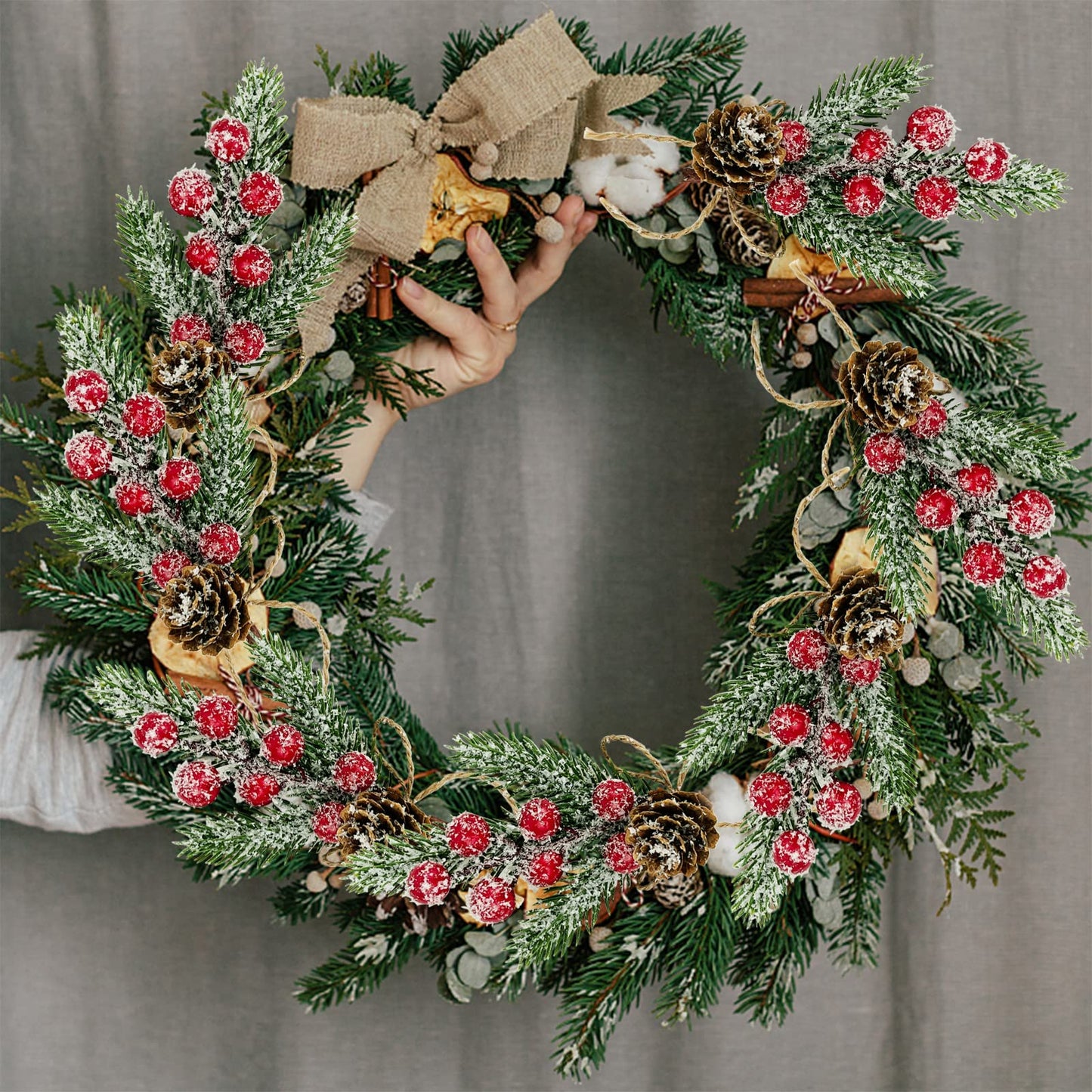 Red Berry Stems Floral Pine Cones Branches 10PCS Christmas Artificial Evergreen Pine Branches Holiday Floral Picks Holly Stem Craft for Decoration DIY Christmas Xmas Garland Wreath Decoration