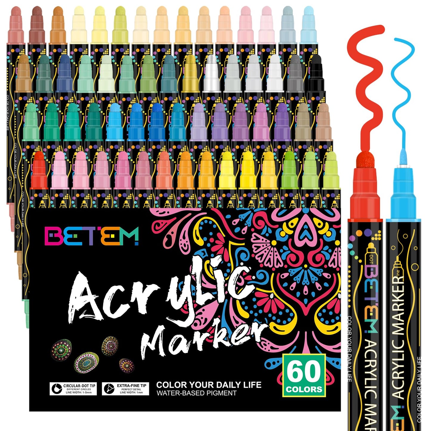 Betem 48 Colors Dual Tip Acrylic Paint Pens Markers, Premium Acrylic Paint Pens for Wood, Canvas, Stone, Rock Painting, Glass, Ceramic Surfaces, DIY Crafts Making Art Supplies