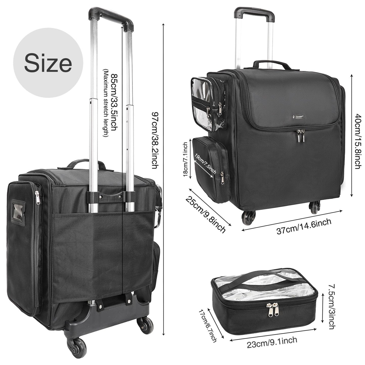 Relavel Rolling Makeup Train Case with Clear Makeup Brush Case, Hairstylist Traveling Bag with 4 Wheels, Heat Insulation Full Layer, Adjustable Dividers, Hair Tools and Cosmetics Storage Organizer