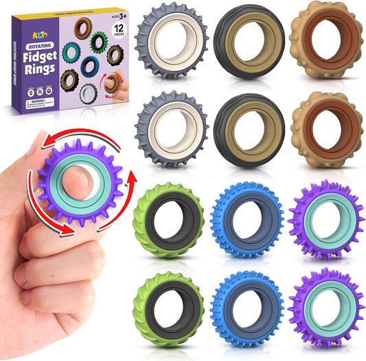 Fidget Toys Adults Sensory Rings: 12 Pack Texture Spinner Rings - Stress Relief Sensory Toys for Kids ADHD - Quiet Desk Fidgets for Anxiety Office for Adults Teens
