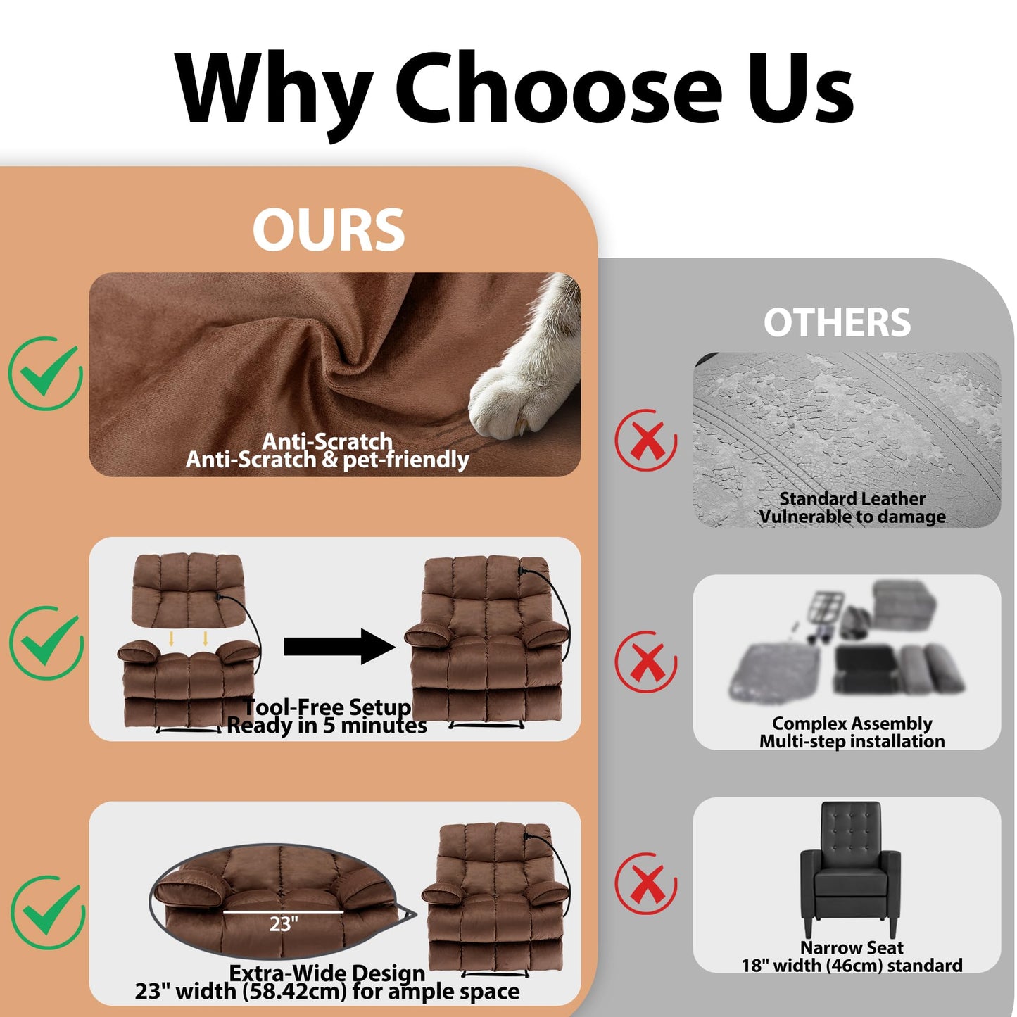 GNMLP2020 Oversized Recliner Chair, Big Mans Recliner Chairs for Adults 400LBS, Extra Wide Recliners for Tall Man, Large Recliner Chair for Living Room, Brown