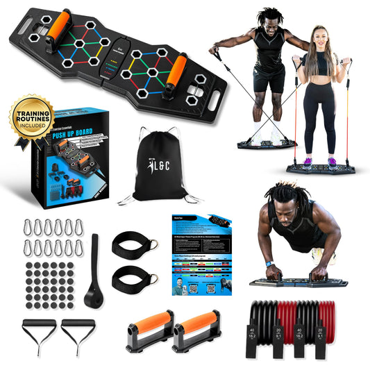 Push Up Board for Full Body Workout - Versatile Home Workout Equipment with QR Code Guided Workouts, Sweat Resistant Handles, Resistance Bands, Perfect for Beginners to Pros - L&C Exercise Essentials