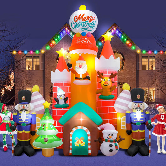 Vertimia 9.8 FT Christmas Inflatable Candy Castle, Blow Up Decorations with Soldier Santa Reindeer Penguin Snowman Christmas Tree, Built-in Colorful LED, Christmas Outdoor Decor for Yard Garden Party