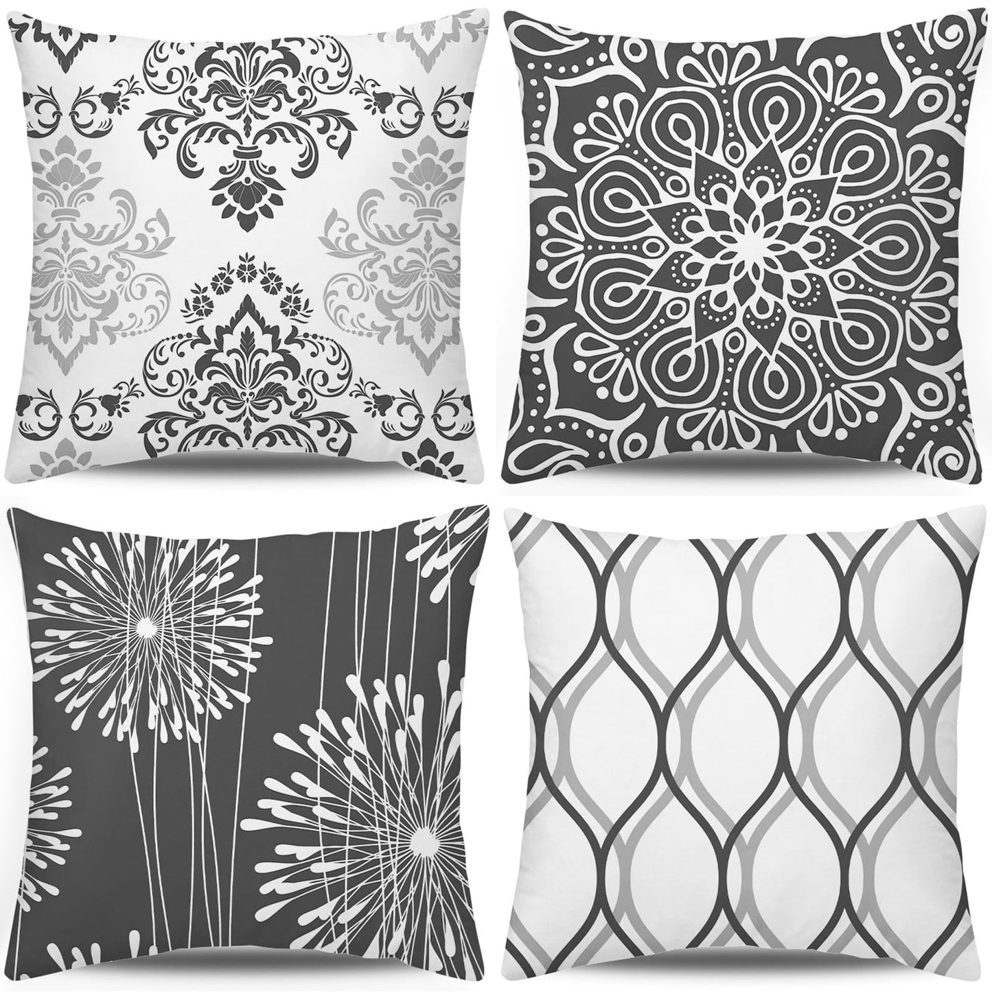 Coliuso Decorative Throw Pillow Covers 18x18 Set of 4, Dark Grey and White Modern Simple Square Pillow Case Cushion Cover for Sofa Couch Farmhouse Outdoor Living Room (Dark Gray and White, 18x18 inch)