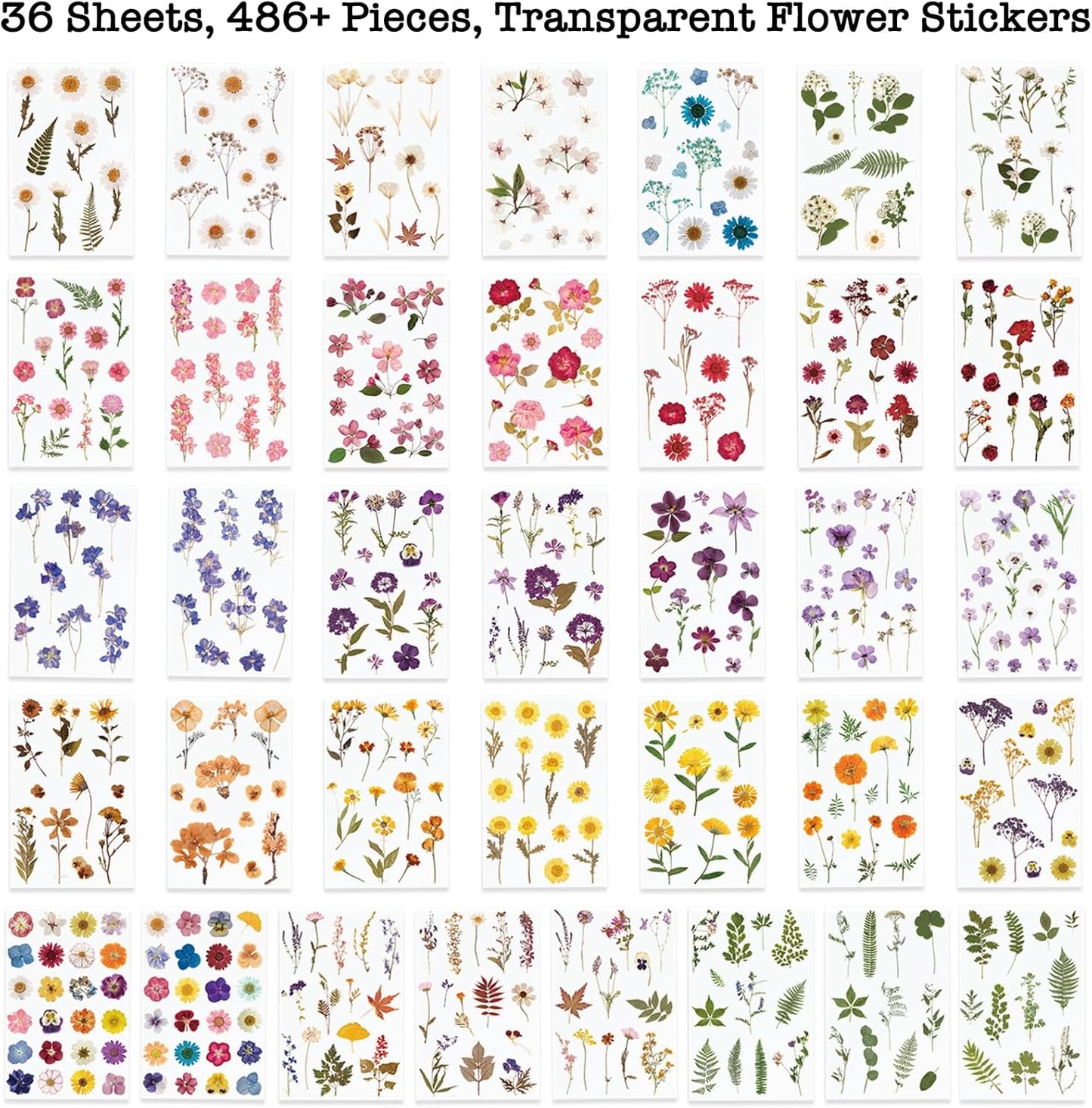 Knaid Pressed Flower Themed Stickers (Assorted 486 Pieces, 36 Sheets) Dried Floral Resin Stickers Decals Botanical Journaling Sticker for Scrapbook Supplies Junk Journal Bullet Journal Planner Laptop