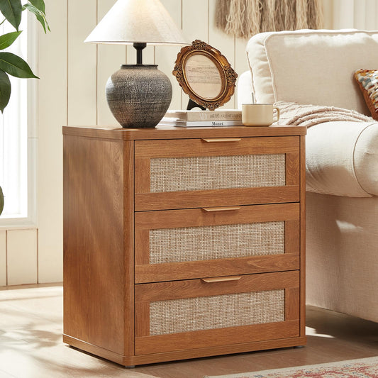 LEYAOYAO Rattan Night Stand with Drawers, 23" Large 3 Drawer Boho Nightstand, Natural Wood Bedside Table Storage Cabinet, Bed Side End Tables Dresser for Bedroom, Living Room, Hallway, Closet
