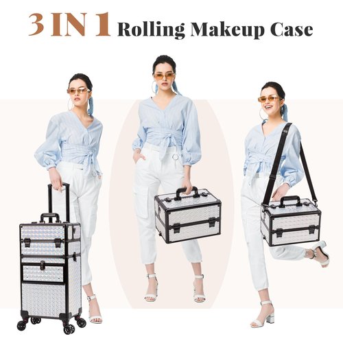 AROUS Rolling Makeup Train Case with Large Drawer, Multi-functional Cosmetic Trolley with 360° Swivel Wheels Keys, Large Storage Traveling Cart Trunk, Train Cases for Nail Technicians