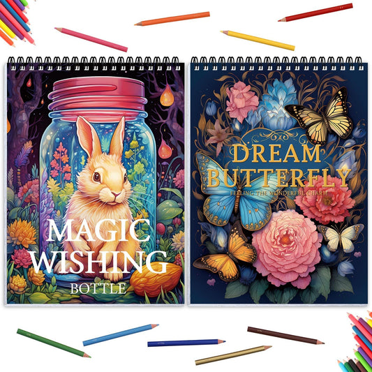 2Pcs Coloring Books for Adults Relaxation Coloring Book for Women Spiral Bound Printed On One Side Fun Magic Coloring Book(Magic Wishing & Dream Butterfly)