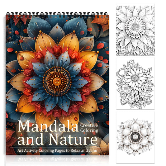 Mandala and Nature Coloring Books for Adults Relaxation Spiral Bound, Lay Flat, Mandala Coloring Book for Women, 24 Pages One Sided Design Gift for Adult to Relax and Relieve Anxiety