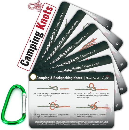 Outdoor Knots Mastery Guide - Essential Backpacking, Scouting & Camping 12 Portable Pocket Size Knot Cards - Waterproof Portable Reference with Mini Carabiner