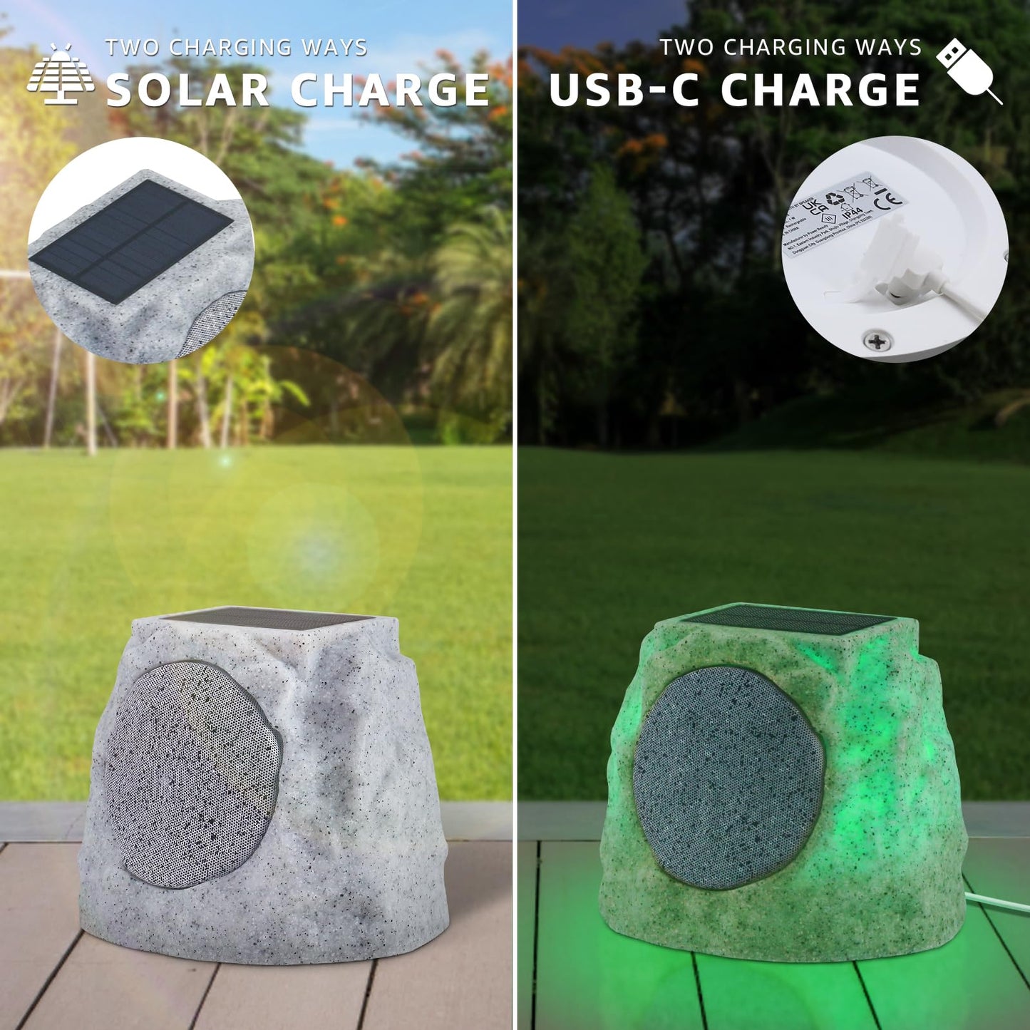 NiceBuy Solar Rock Speakers Outdoor Water-Resistant 2-Pack Solar Powered Rock Speaker with Lights RGB and TWS Pair for Patio Outside Garden BBQ Deck