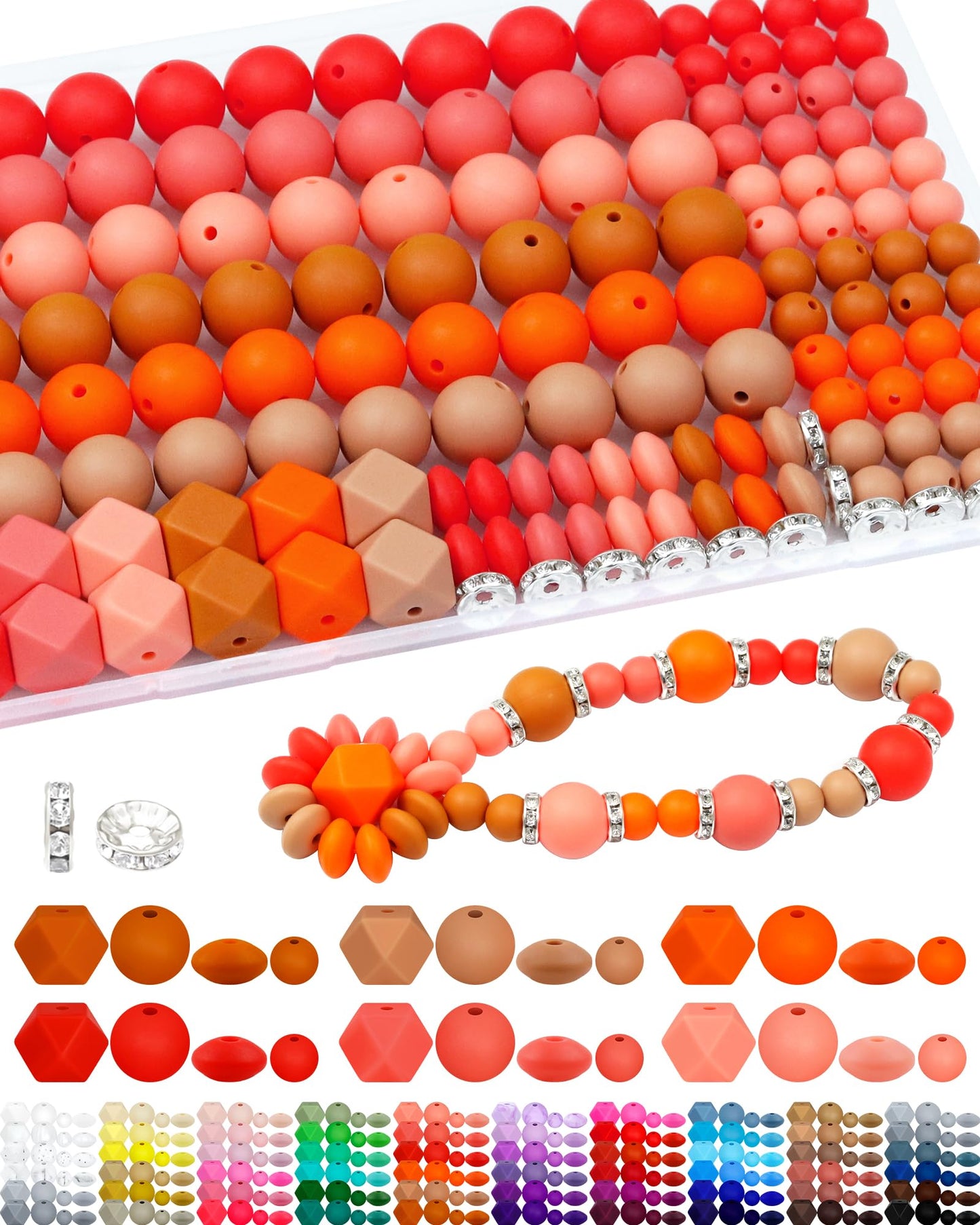 172PCS FIVEIZERO Silicone Beads for Keychain Making, 6 Mixed Colors Silicone Focal Beads Kit, 9mm & 15mm Round Lentil Hexagon Beads & Rhinestone Spacer Beads for Jewelry Making & Bracelets (Blue)